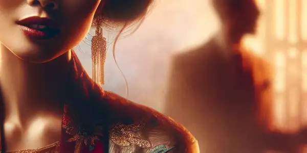 A charismatic female character in a dimly lit, intimate setting, embodying allure and narrative tension.