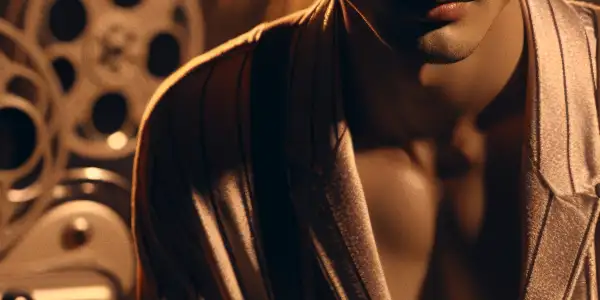 A charismatic male lead in 90s attire poses in a nostalgic Hong Kong film studio, exuding charm and intrigue.