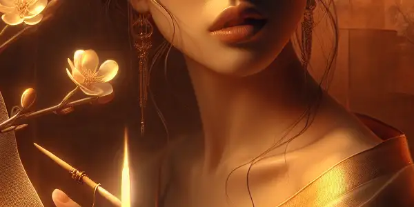 A romantic scene featuring an elegant Asian woman in a softly lit room filled with warm colors and sensual elements.