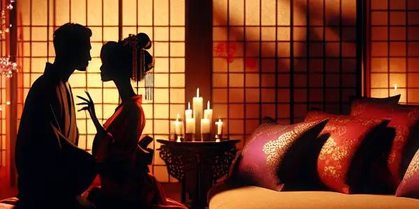 A couple shares a tender moment in a dimly lit, romantic Japanese-inspired room adorned with soft lighting and elegant decor.