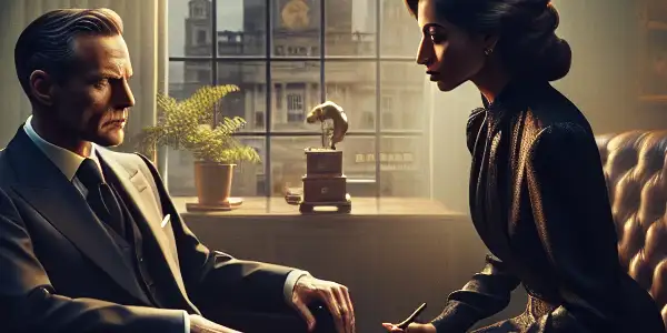A dimly lit office scene with two characters in a charged conversation, embodying power dynamics and desire.