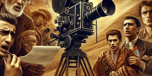 A vintage film set depicting Albanian cinema, featuring an old camera, director, actors in period costumes, and iconic film imagery.