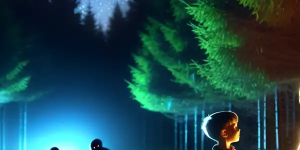 A friendly alien interacts with a young boy in a moonlit forest, amidst lurking shadowy figures.