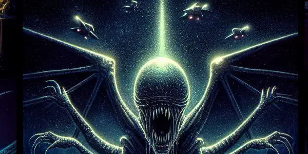 A dynamic scene showcasing the evolution of the "Alien" franchise, featuring the Nostromo, a lurking Xenomorph, and armed marines.