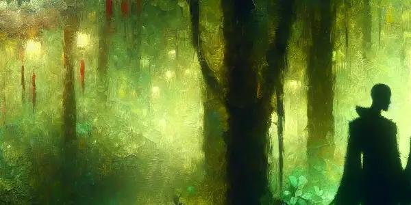 A lush green forest setting with two silhouetted figures dancing intimately, evoking passion and mystery.