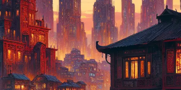 A vibrant urban landscape at dusk, featuring two figures in an intimate moment amidst dilapidated buildings and traditional architecture.