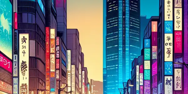 A vibrant nightlife scene split between Tokyo's energetic Shibuya and Seoul's elegant Gangnam, celebrating urban allure and attraction.