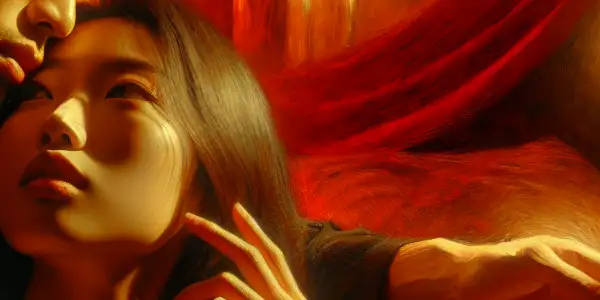 A couple shares a tender moment in a warmly lit, intimate room filled with romantic elements.