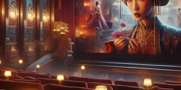 A luxurious, dimly lit cinema featuring a mysterious actress in traditional attire, embodying themes of desire and drama.