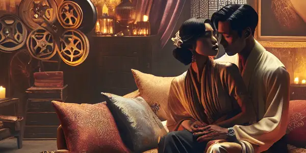 A romantic couple embraces in a dimly lit, elegantly decorated room, exuding intimacy and passion.