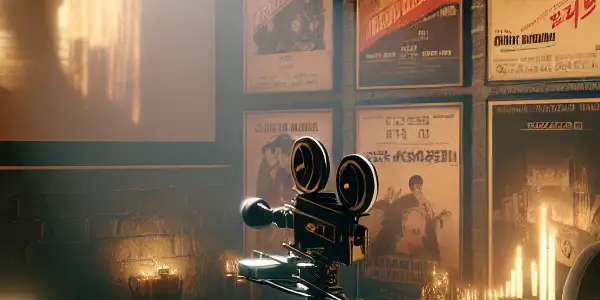 A cozy room with vintage Korean erotic film posters, a projector, and intimate decor, evoking romance and exploration.