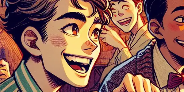 A lively coffee shop scene with young adults sharing laughter and jokes, featuring playful decor and vibrant expressions.