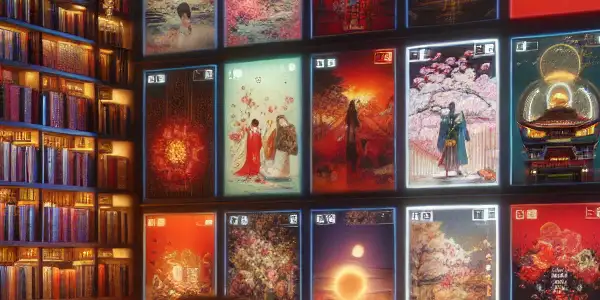 A luxurious digital library showcasing erotic novels and Japanese AV films, with vibrant colors and intimate ambiance.