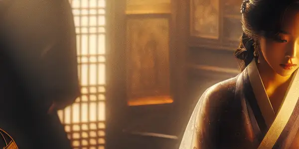 A stylish woman in a flowing gown stands in a dimly-lit vintage room, evoking intimacy and emotional depth.