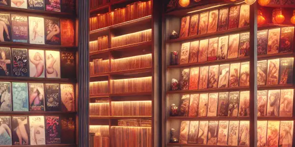 A mysterious adult boutique with a vintage exterior, warm lighting, and eclectic shelves of diverse adult films.