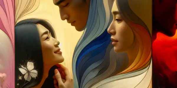 A triptych illustrating emotional color words: vibrant positivity, intense negativity, and neutral exploration in distinct sections.