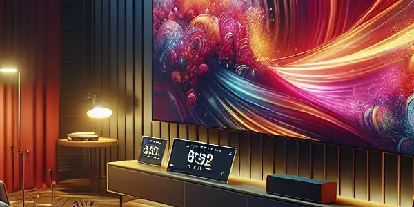 A modern living room featuring advanced technology and plush seating, designed for an immersive home entertainment experience.