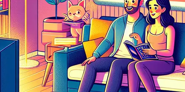 A cozy living room scene with a diverse couple learning about safe practices while enjoying adult films.