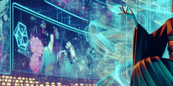 A vibrant futuristic virtual reality space blending animated characters and live-action performers with rich colors and 3D effects.