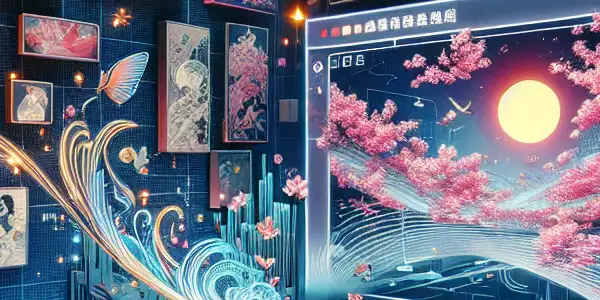 A futuristic virtual environment featuring a user in VR, surrounded by holographic displays of diverse adult content.