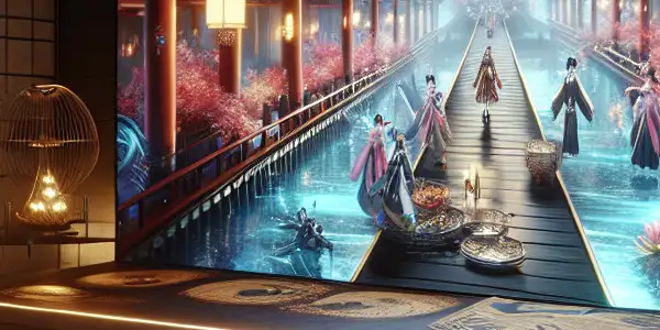 A futuristic living room featuring immersive screens and characters inspired by Japanese AV films in a cozy, intimate setting.