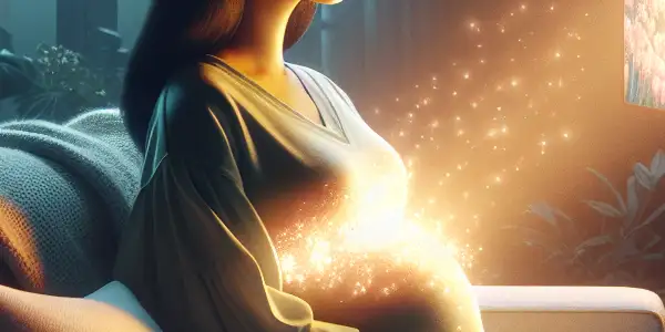 A serene home scene featuring a glowing pregnant woman relaxing on a sofa, watching a romantic film.