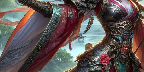 A bold female warrior, Sun Erniang, stands confidently in a misty bamboo forest, blending traditional armor with modern aesthetics.