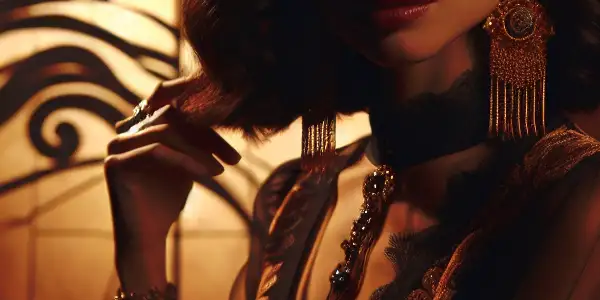 A captivating femme fatale in a dimly lit room, exuding sensuality and allure amidst rich colors and suggestive props.