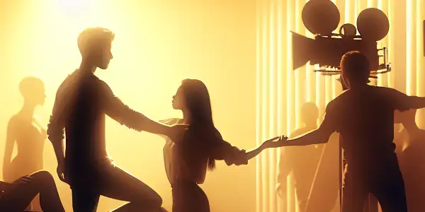 A warm, intimate film studio scene showcasing two actors in a meaningful, non-sexual interaction emphasizing emotional connection and respect.