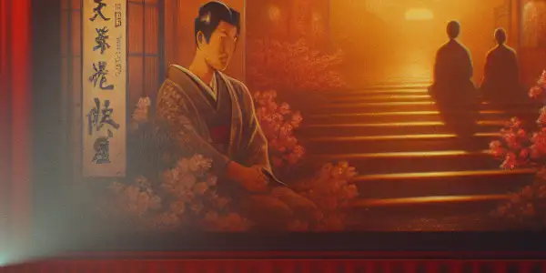 A nostalgic retro cinema scene with silhouettes watching a vintage film projector, surrounded by classic adult film posters.