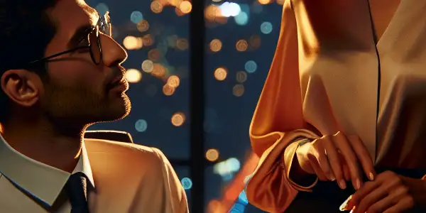 A cozy office scene featuring two stylish characters engaged in a flirtatious interaction, set against a cityscape at dusk.