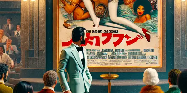 A vintage movie theater scene featuring a glamorous 1970s-style erotic film poster and a curious, retro-dressed audience.