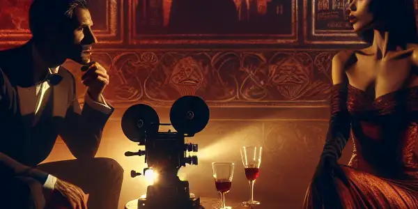 A dimly lit room with a vintage film projector, two elegantly dressed figures sharing an intimate conversation, and classic erotic movie posters.