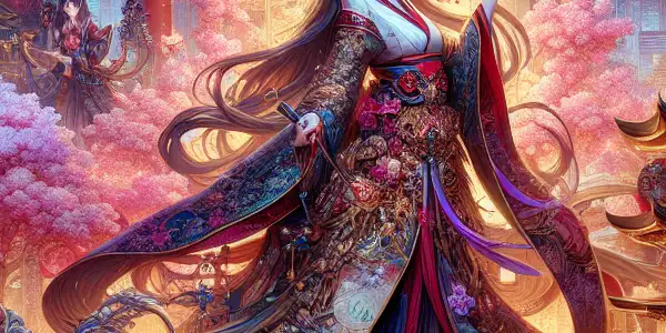 A serene temple with a mystical figure, blending Eastern and Western elements amidst cherry blossoms and neon lights.