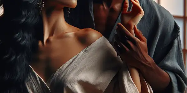 A man and woman share an intense emotional connection in a softly lit room with traditional Japanese elements.