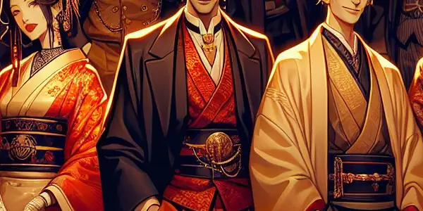 A vibrant adult film set merging Western and Eastern aesthetics, featuring diverse characters in playful, intimate scenarios.