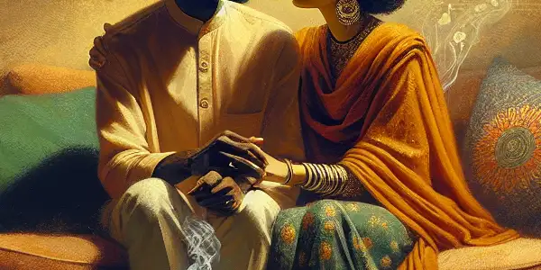 A couple shares an intimate moment in a cozy, dimly lit room, blending everyday life with subtle sensuality.