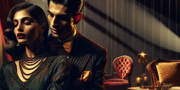 A glamorous vintage film set featuring a passionate couple in an opulent room, evoking classic Western erotic cinema.