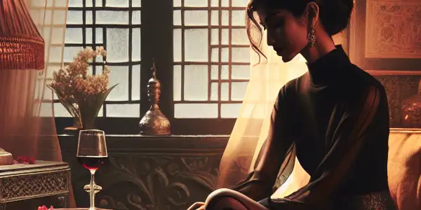 An elegant woman in sheer black stockings sits in a luxurious, softly lit room with tasteful decor.