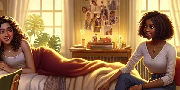 A cozy girls' dorm room with playful interactions between two friends, illuminated by soft moonlight and colorful decorations.